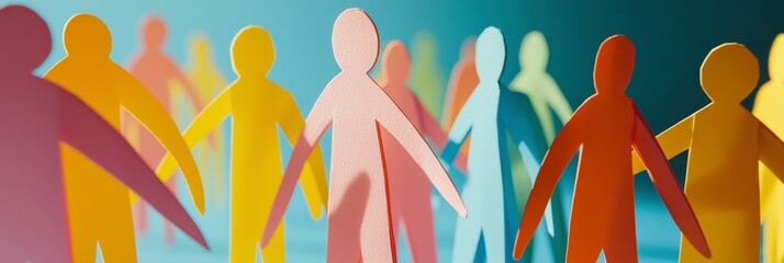 A sea of brightly colored paper cutouts representing humanity, showcasing diverse emotions while emphasizing connection and togetherness among individuals in a playful, abstract form.