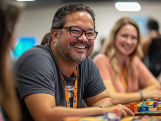 Fototapeta premium Casual Friday Office Event - Employees Playing Board Games & Sharing Snacks - Relaxed Workplace Atmosphere