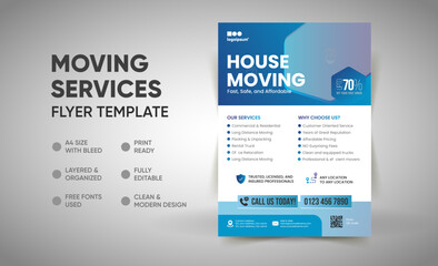 Obraz premium Moving Services Flyer Template, House Shifting Flyer, Delivery Services Leaflet, Office Shifting poster template, Moving company flyer for print, House relocation, moving company flyer