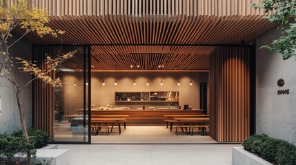 Minimalist modern restaurant exterior with wooden accents and natural light