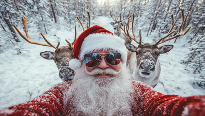 A selfie of Santa Claus with his reindeer, wearing sunglasses, in a snowy landscape during the day, with a happy mood