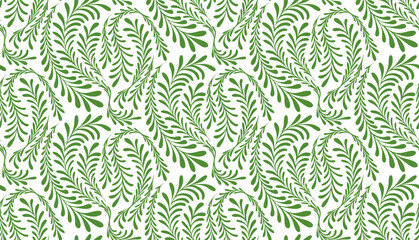 Green fern pattern seamless on a white background. Elegant nature fern leaf pattern with swirling leaves, perfect for textiles, wallpaper, and decorative backgrounds. © RDVector