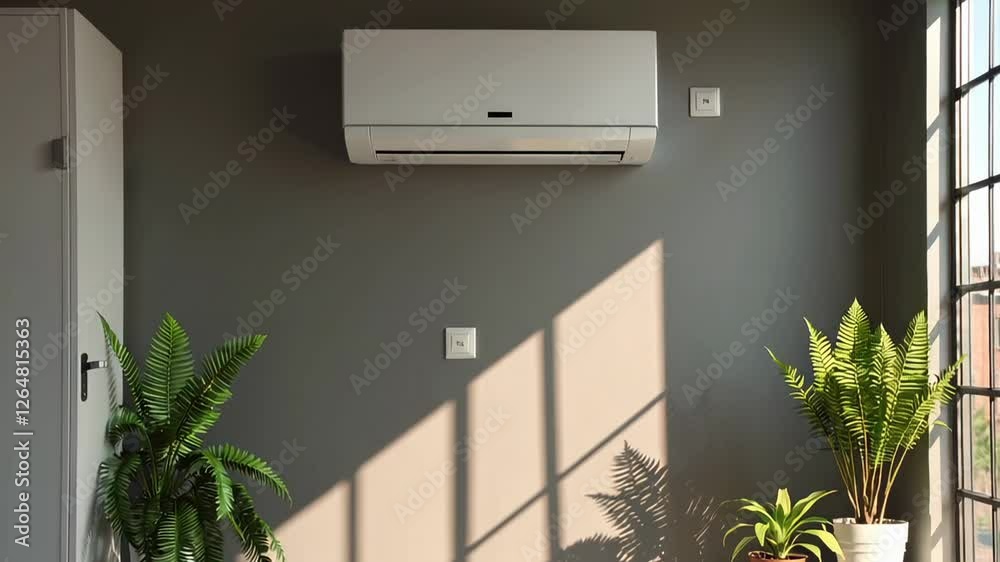Aufkleber Sunlight streams through the window, illuminating an empty room with an air conditioner mounted on a gray wall, potted plants standing nearby, creating a peaceful and cool atmosphere in slow motion