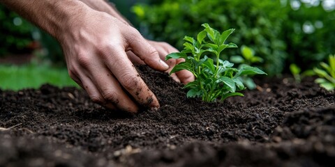 Careful planting of a small green plant garden action image natural setting close-up environmental care