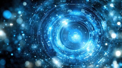 Obraz premium Futuristic digital interface with glowing concentric circles and bokeh effect.