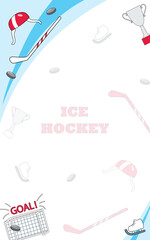 Template with ice hockey items and copy space on a white background. Popular sports. Vector illustration for poster, banner, invitation.