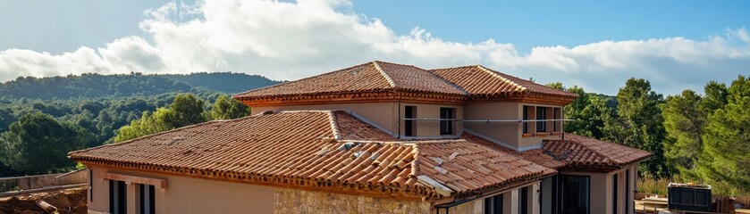 Fototapeta premium Spanish villa with terracotta roof in scenic hillside landscape