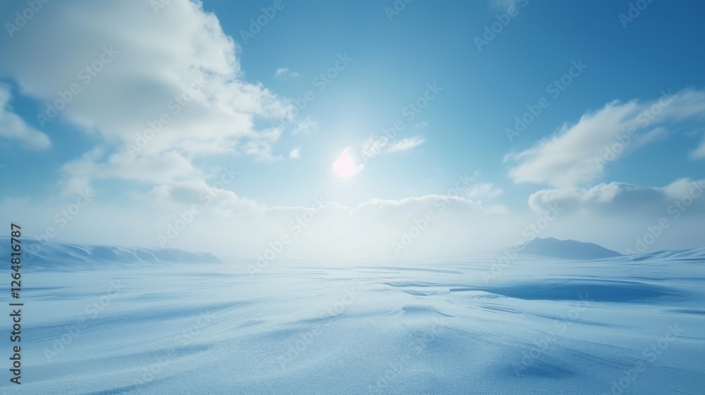 Poster a breathtaking view of a wide, snow covered expanse stretching into the distance, illuminated by the