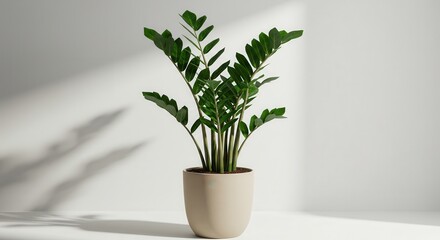 Zz Plant in Pot on White Background Casting Shadow