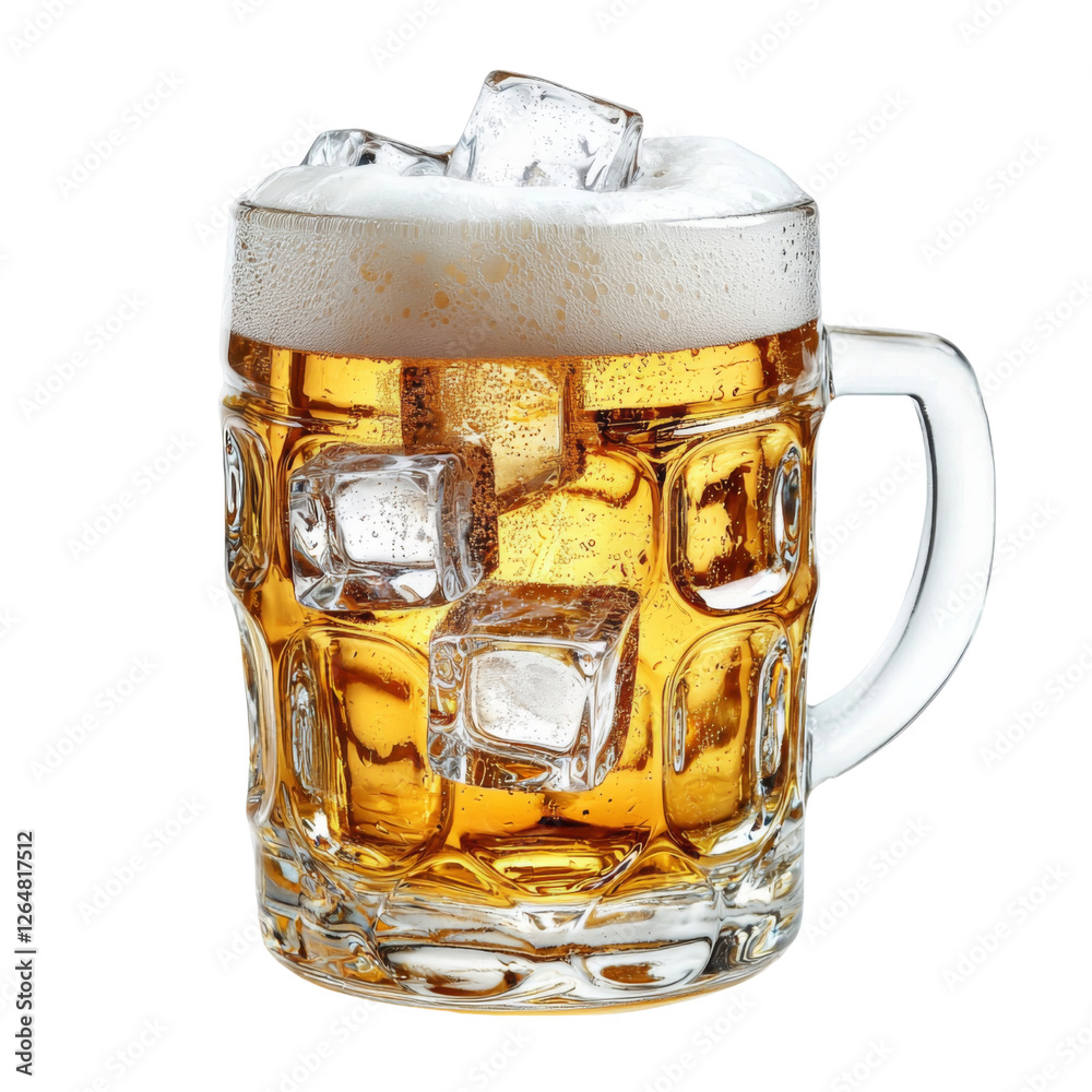 Poster refreshing beer in glass mug with ice cubes and frothy foam