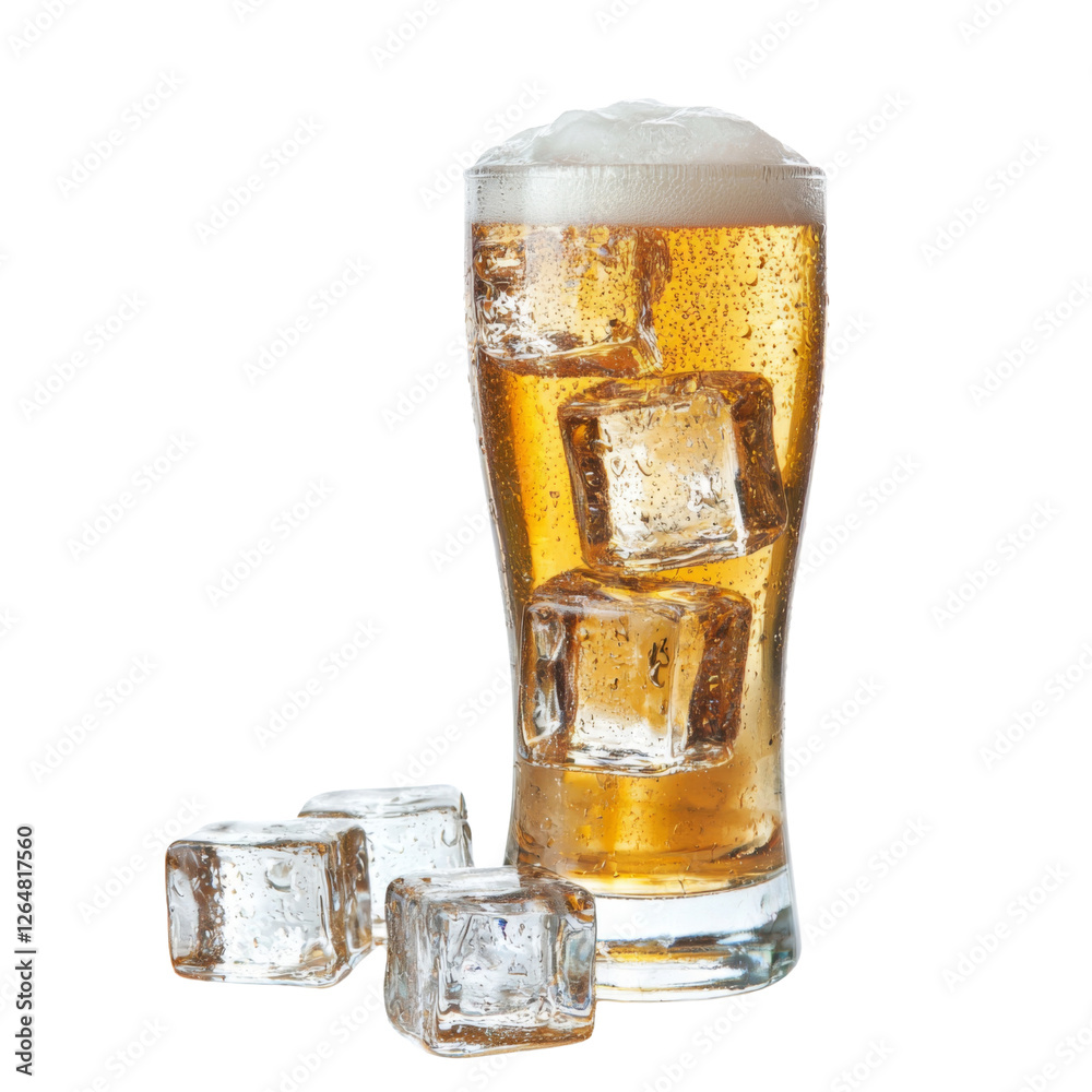 Poster refreshing beer in glass with ice cubes, perfect for summer enjoyment. golden color and frothy top c