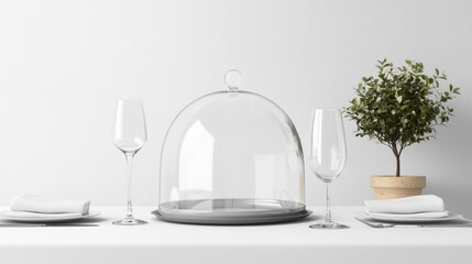 A beautifully arranged table features an empty glass cloche, fine crystal glasses, and a small potted plant, creating an inviting yet serene atmosphere for diners to enjoy their meals together
