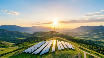 Harnessing sunlight solar panel fields in serene landscapes