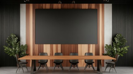 Stylish Modern Conference Room With Wooden Accents And Black Board