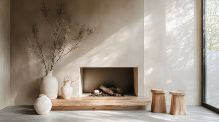 Bright and minimalist living room with fireplace and decoration