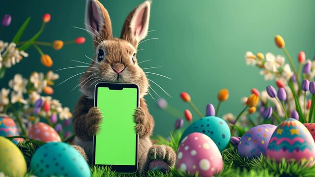 A cute easter bunny holding a phone with a green screen, surrounded by vibrant-colored eggs and an enchanting easter-themed background, perfect for spring celebrations. Place for your text.