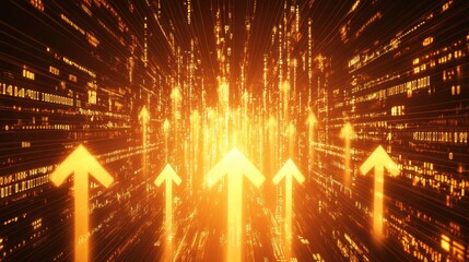 Bright upward arrows on a dynamic digital background with glowing binary code, signifying progress