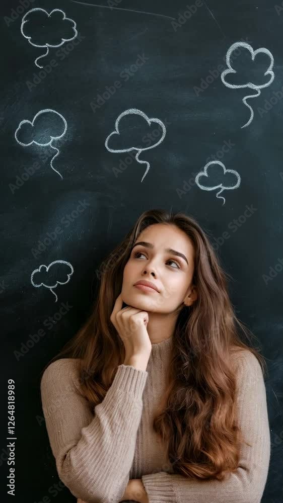 Poster Female student leaning against chalkboard, surrounded by thought bubbles, contemplating complex problem with pensive expression in slow motion sequence