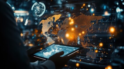 Businessperson analyzing global financial data on a tablet, with futuristic icons and a glowing world map in the background.