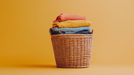 A vibrant image of a laundry basket stacked with colorful garments set against a sunny yellow backdrop, symbolizing energy, positivity, and the joy of home life.