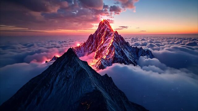 dark neon purple background with digital mountains with lava. fpv view above the clouds. beautiful nature. 4K.