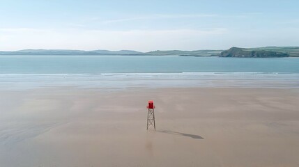 Red Navigation Marker On Sandy Beach With Calm Blue Sea And Distant Islands