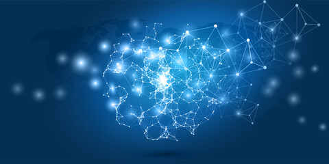 Abstract Dark Blue Minimal Style Futuristic Cloud Computing, Global Network Structure and Telecommunications Design Concept, Connections, Transparent Geometric Polygonal Mesh, Vector Illustration © bagotaj