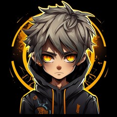 Cute anime boy on the black background, Manga style anime character for t-shirt design
