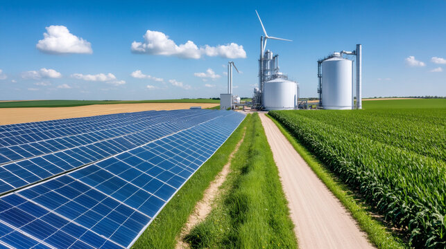Biogas Plant Generates Renewable Energy in a Green Landscape With Solar Panels