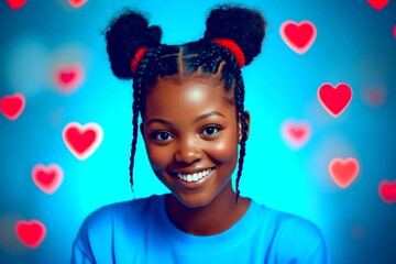 Valentine's day greeting from woman or for woman. Breathtaking dazzling, image of lovely loving black high schooler girl - commercial promotion artwork layout. Stunning romantic woman.