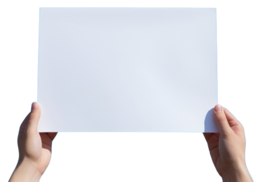 PNG Hand holding white poster paper blue sky.