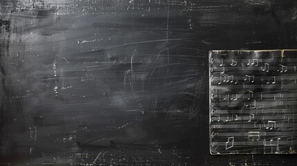 A sheet of music rests against a black chalkboard with a weathered surface.