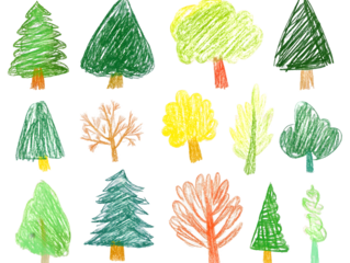 Collection of crayon-style tree illustrations, various shapes and colors, transparent background