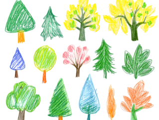 Collection of colorful crayon drawings of various trees and leaves on transparent background.  Simple, childlike style