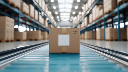 Moving boxes on blue conveyor belt warehouse industrial scene storage facility ground level logistics in action