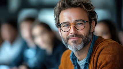 Fototapeta premium Confident man smiling in a meeting with colleagues in background