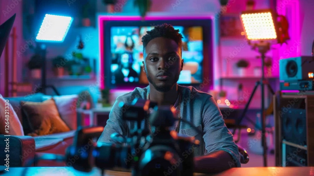 Poster a young man is focused and seated in a creative studio, surrounded by professional cameras and vibra