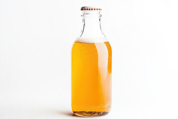 A clear glass bottle filled with amber-colored beverage on a white background. isolated on white background.