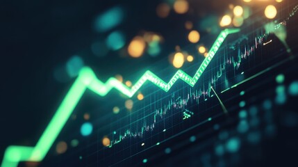 Dynamic financial graph with a luminous green arrow pointing upward, representing success and prosperity.