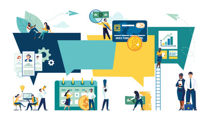 Finance exchange chat discussion. Ethnic people, businessmen discuss social networks, news, dialog broadcasting. Card for cash payments. Bank gold dollar pennies, cents.Vector illustration, flat style