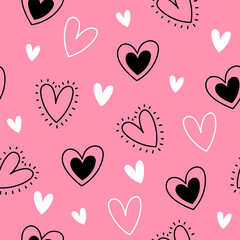 seamless pink pattern with black hearts in doodle style