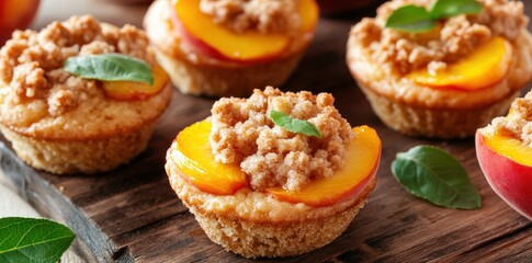 Peach crumble muffins garnished with fresh mint leaves on a wooden board