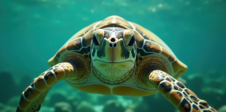 Close-up view of a sea turtle swimming underwater, showcasing its detailed shell pattern and expressive eyes