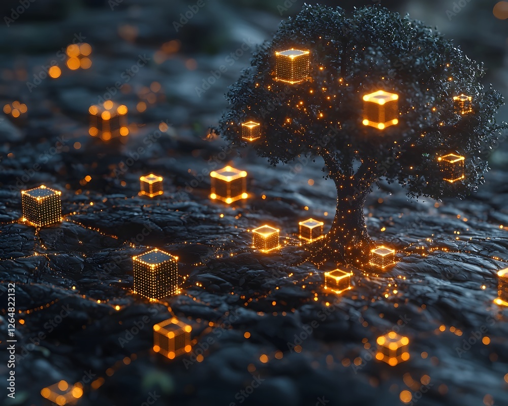 Poster surreal blockchain tree with glowing data cubes symbolizing decentralized innovation
