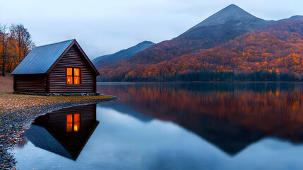Fototapeta premium Lakeside cabin at dusk, autumnal mountain reflection, peaceful scene, travel brochure