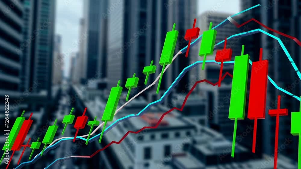 Poster glowing candlestick chart revealing financial growth dynamics with rising green and red indicators a