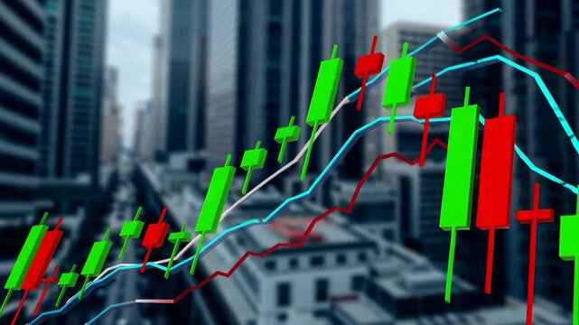 Glowing candlestick chart revealing financial growth dynamics with rising green and red indicators against blurred urban skyline backdrop, symbolizing market performance and investment potential