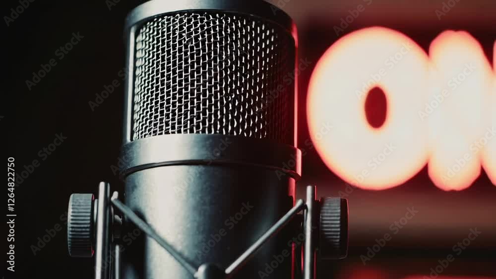 Poster studio microphone recording audio content with a luminous on air sign in the background, creating a 