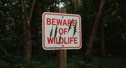 Beware of Wildlife Sign with Scratches in Dark Forest