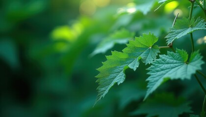 Fototapeta premium Close-up of Green Grape Vine Leaves Growing in a Vineyard